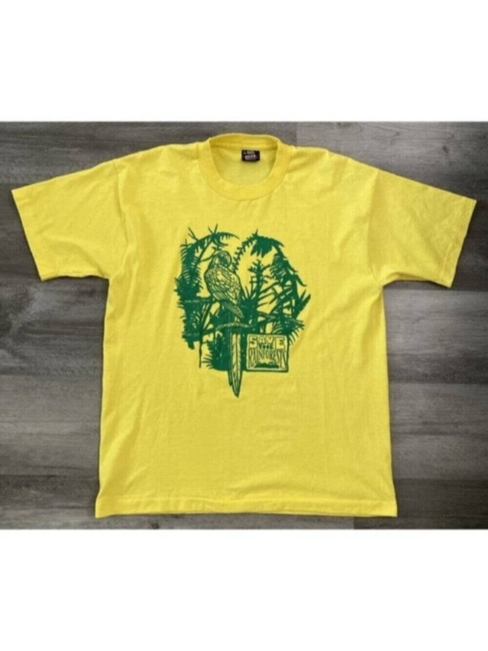 VTG Save The Rainforests Parrot T Shirt Single Stitch FoL Best Yellow USA Large